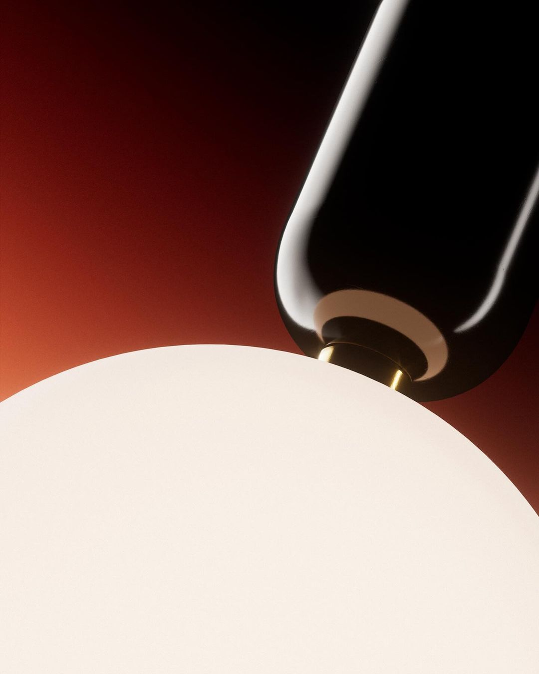 Close-up of a modern lamp featuring a white spherical lampshade and a sleek black arm against a reddish-brown gradient background.