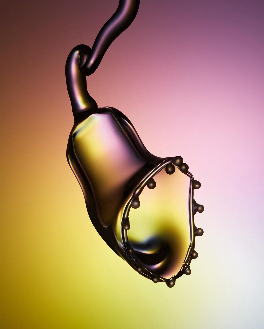 Abstract water sculpture with bulbous, glossy form against a gradient of lavender, yellow, and white for a visually stunning effect.