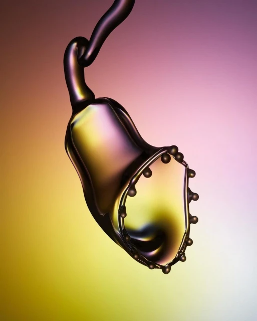 A macro photograph shows a uniquely-shaped iridescent water droplet with a gradient background of pink, yellow, and white light.