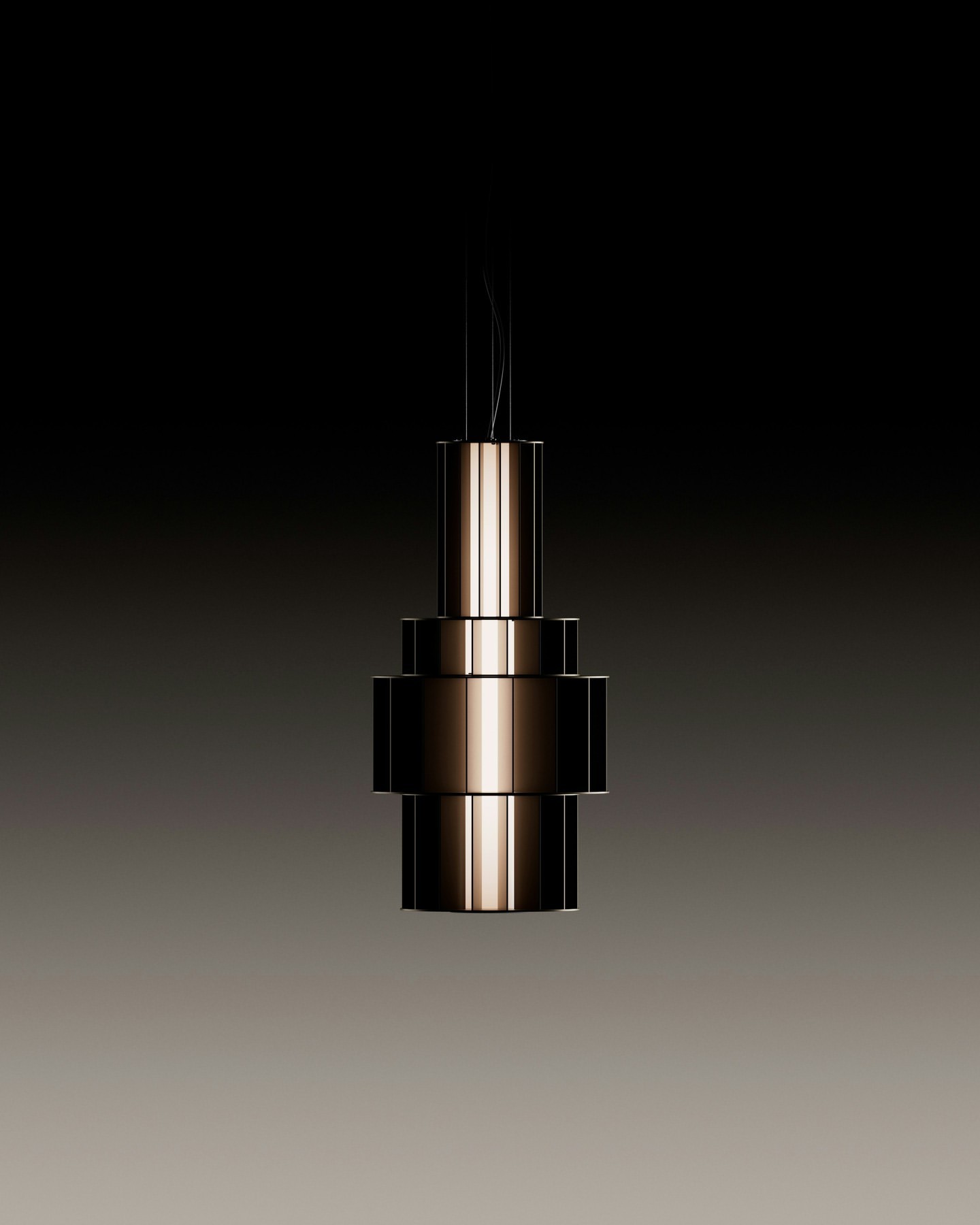 Modern geometric chandelier pendant light fixture hanging against a gradient dark gray background. Interior lighting concept.