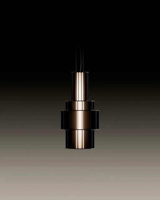 Modern geometric chandelier pendant light fixture hanging against a gradient dark gray background. Interior lighting concept.