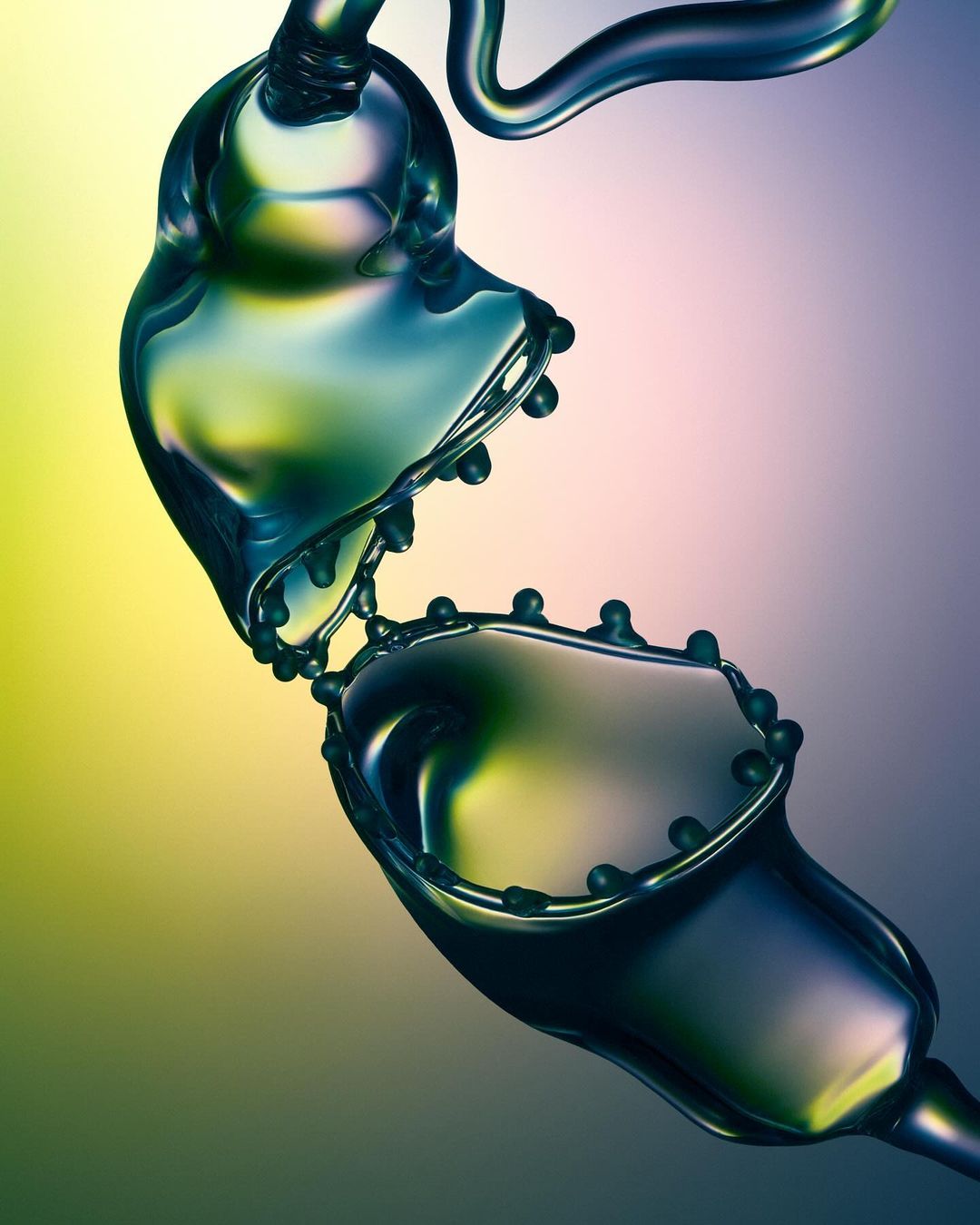 Abstract fluid glass sculpture with iridescent hues and droplet edges against a gradient background in Paris
