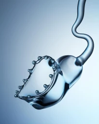 Abstract fluid glass sculpture with droplets and a curving stem against a blue gradient background