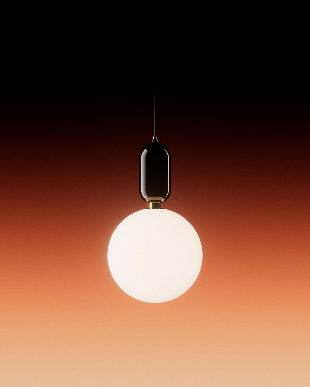 A glowing spherical white pendant lamp hangs against a dark red and orange gradient background.