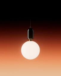 A glowing spherical white pendant lamp hangs against a dark red and orange gradient background.