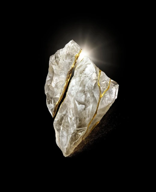 Kintsugi-style quartz crystal rock split into two pieces with gold-colored veins on a solid black background in a studio shot.