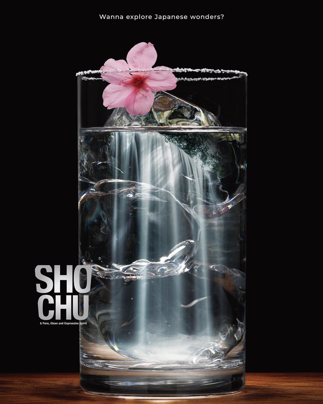Elegant drink photography featuring a glass of 'Shochu' with ice cubes and a pink cherry blossom, set against a dark background.
