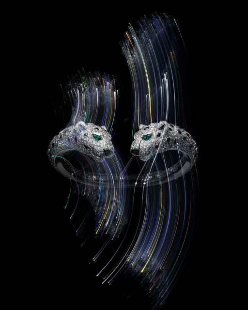 Two jaguar head rings with white gemstone embellishments are dynamically positioned against a black background with light streak accents.