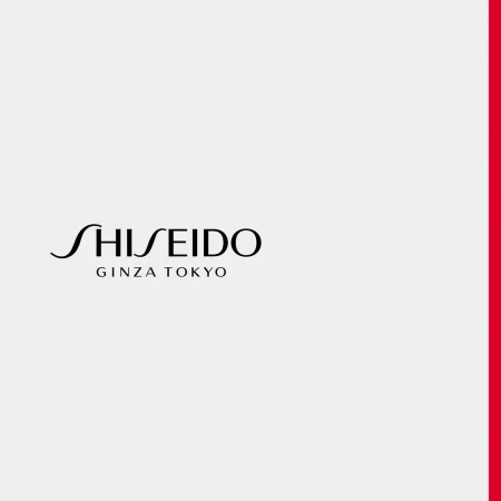 Shiseido logo on a white background with a vertical red bar on the right, featuring the brand name and 'Ginza Tokyo' in black text.