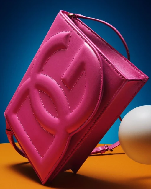 Hot pink leather handbag with large embossed logo displayed on orange and blue backdrop in a product studio shot.