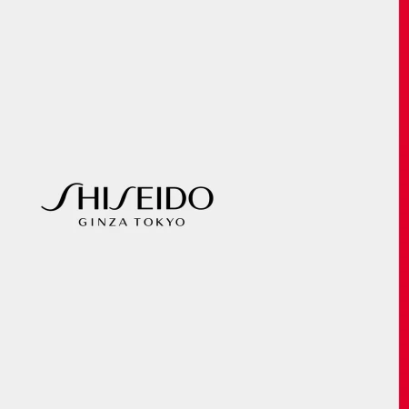 Shiseido logo displayed on a white background with a vertical red stripe on the right side, presenting a minimalist and clean aesthetic.