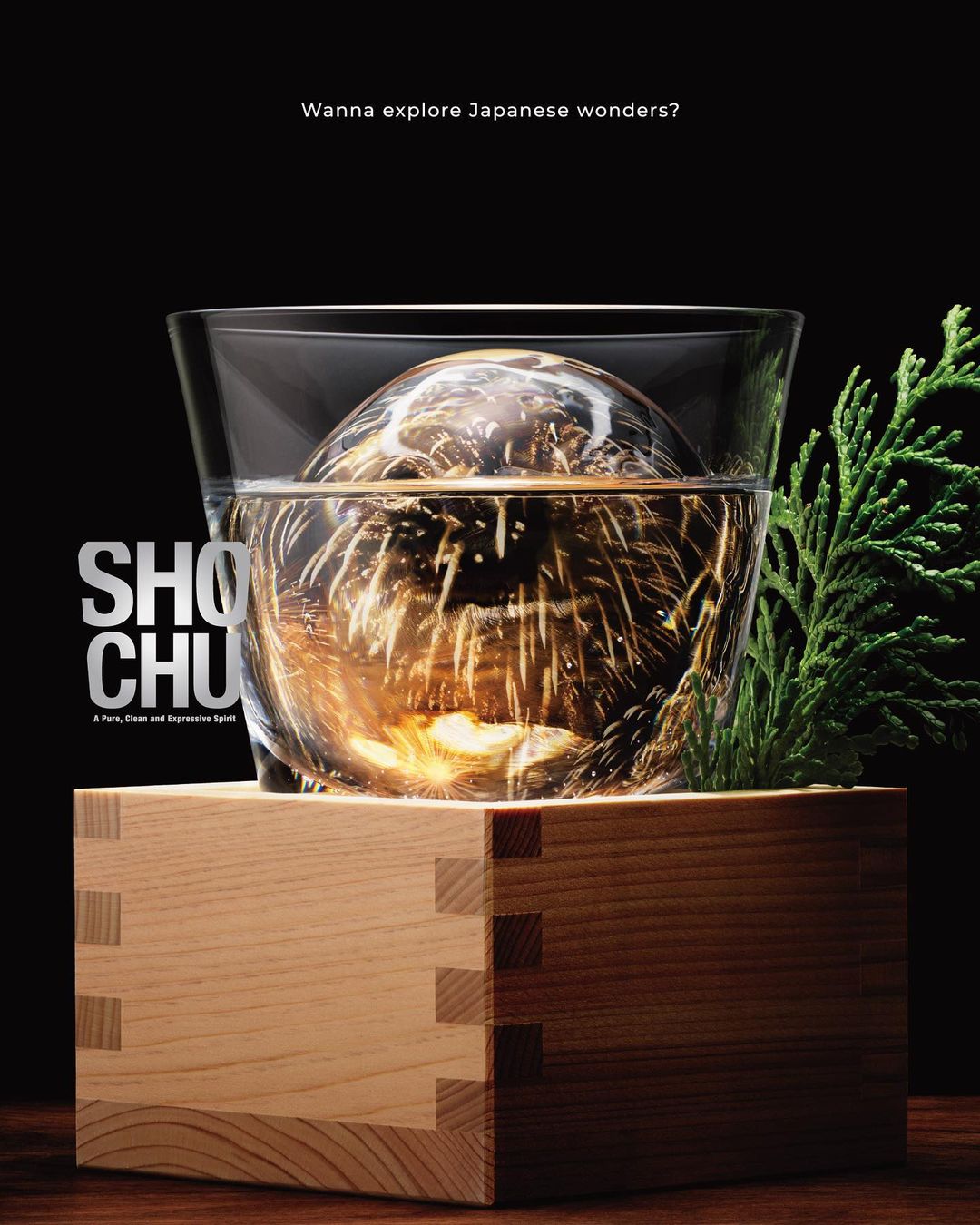 Close-up of shochu cocktail in glass with ice sphere, wooden box base, and greenery against a black background, for advertising.