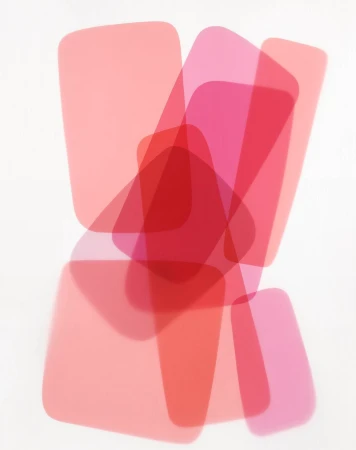 Abstract art featuring overlapping rounded rectangles in red and pink hues against a clean white background creating a modern design.