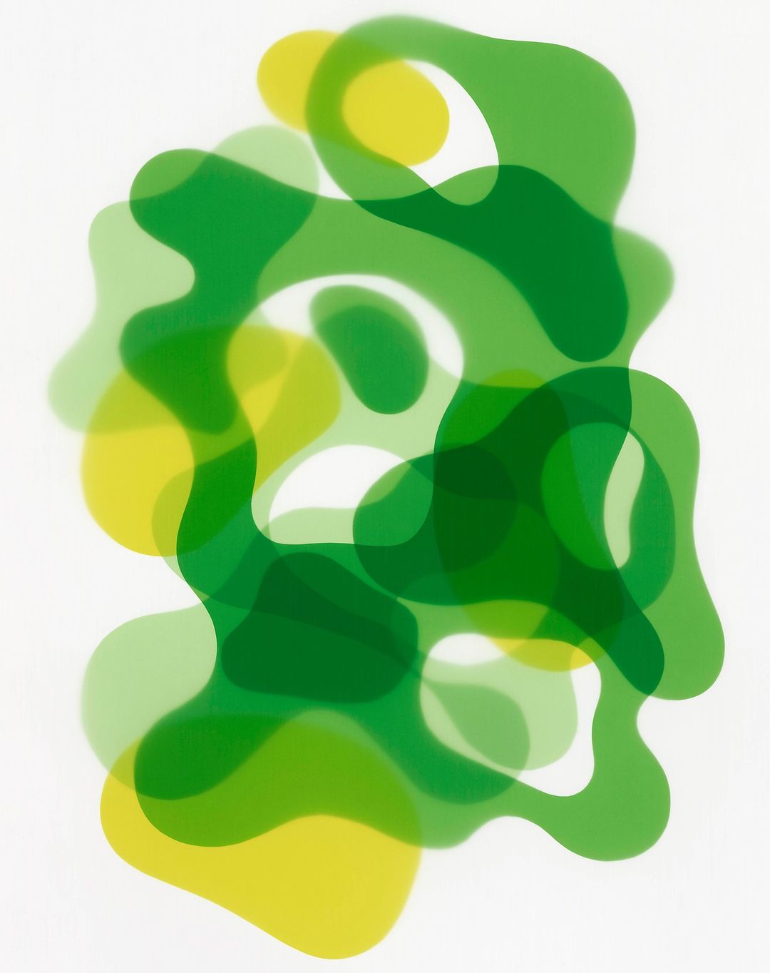 Abstract pattern art featuring overlapping organic blob shapes in shades of green and yellow on a white background. Modern design aesthetic.