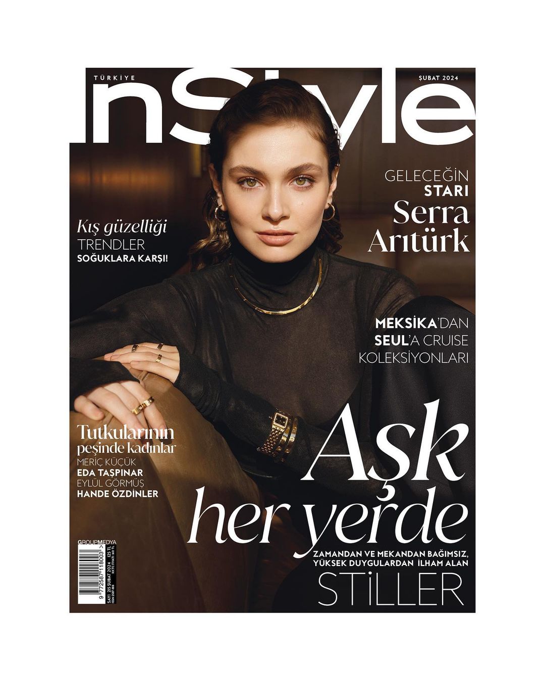 InStyle Turkey cover featuring model Serra Arıtürk in a black turtleneck with gold jewelry, against a blurred brown background. Magazine cover.