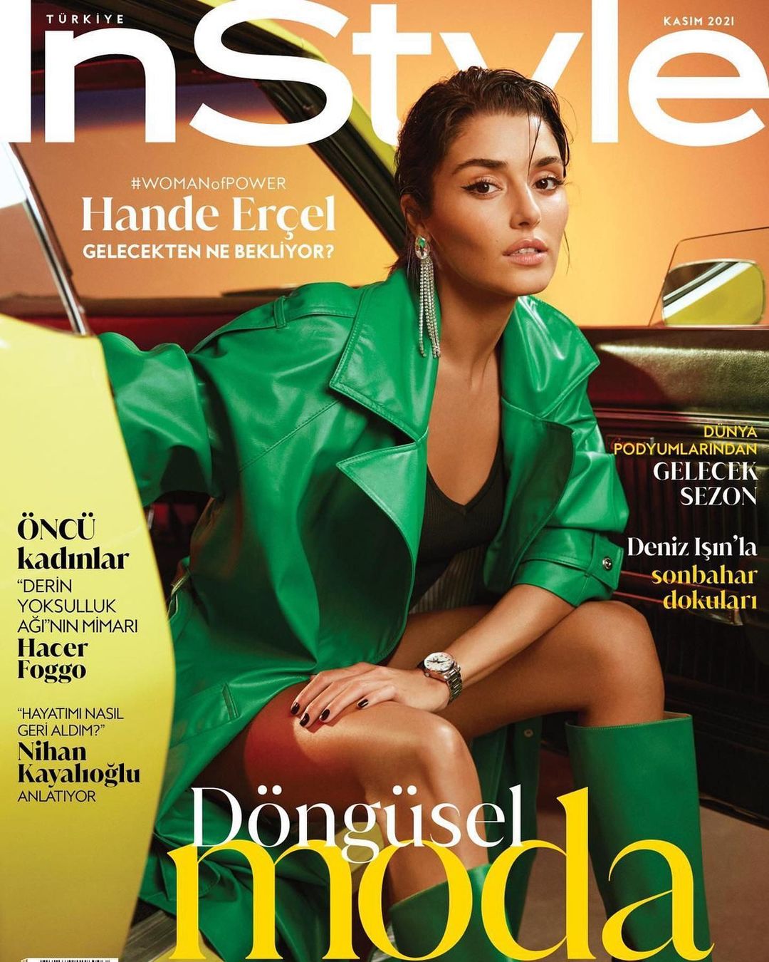 Magazine cover featuring Hande Ercel in green leather coat and boots, sitting in yellow car, promoting fashion and style, Kasim 2021.