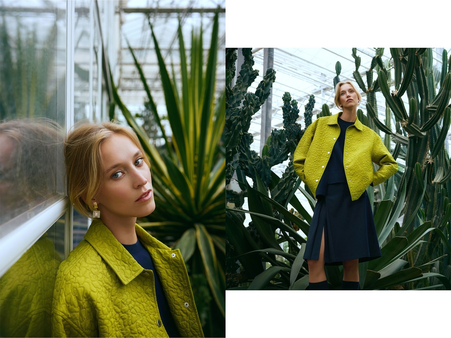 A blonde woman in a chartreuse jacket poses outdoors against a glass wall and tropical plants in a fashion or editorial shot.