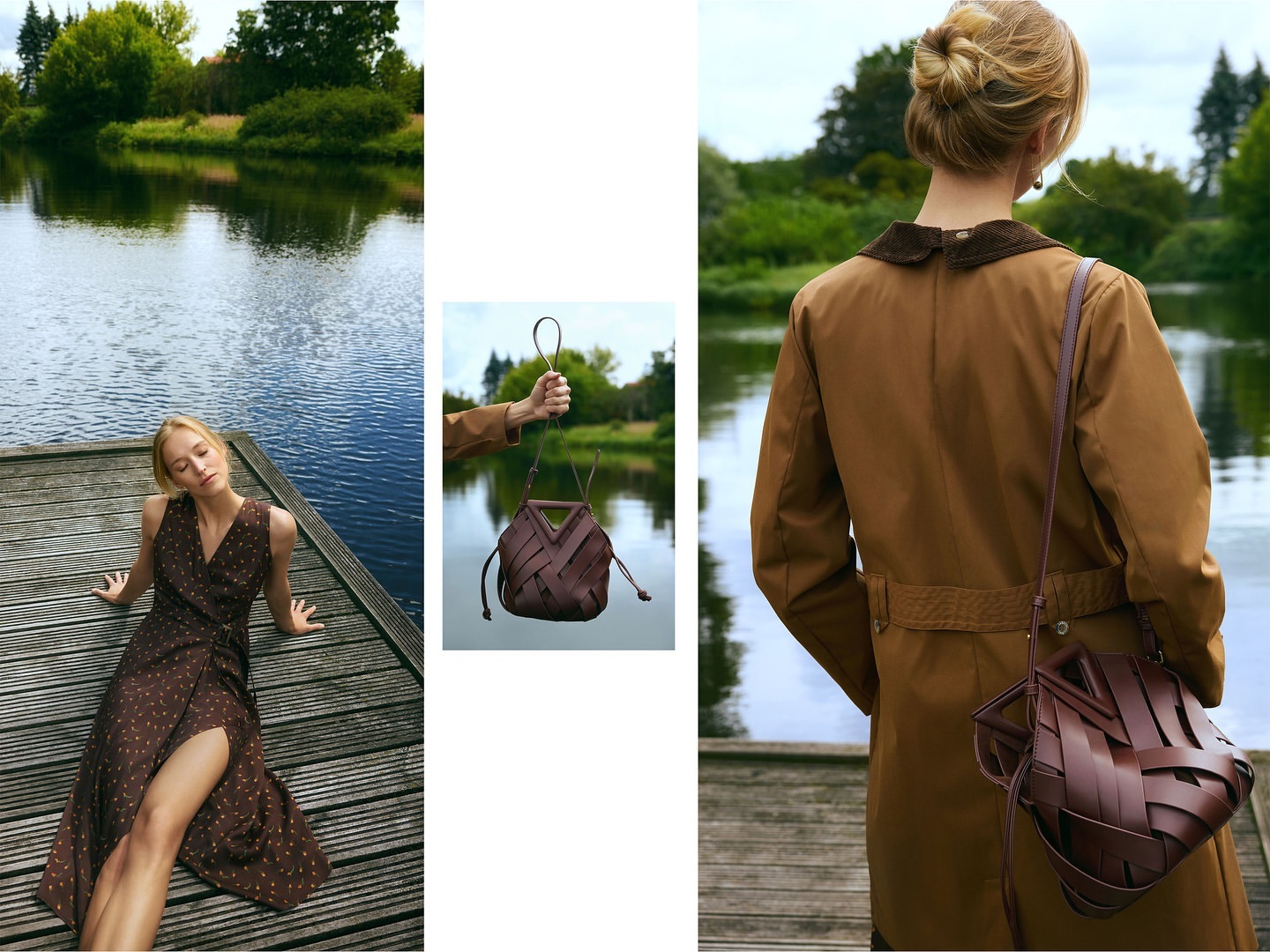 Triptych fashion photograph featuring a blonde woman in a brown dress on a wooden dock by a river, alongside a woven leather handbag.