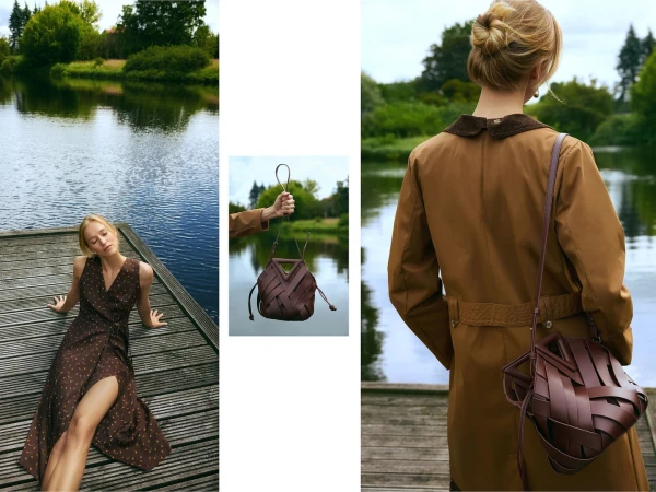 Triptych fashion photograph featuring a blonde woman in a brown dress on a wooden dock by a river, alongside a woven leather handbag.