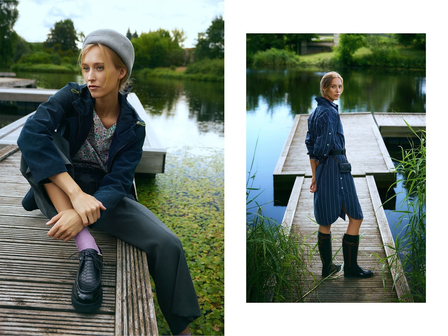 Two fashion shots on a split frame, one featuring a woman sitting on a wooden dock and the other showing her standing.