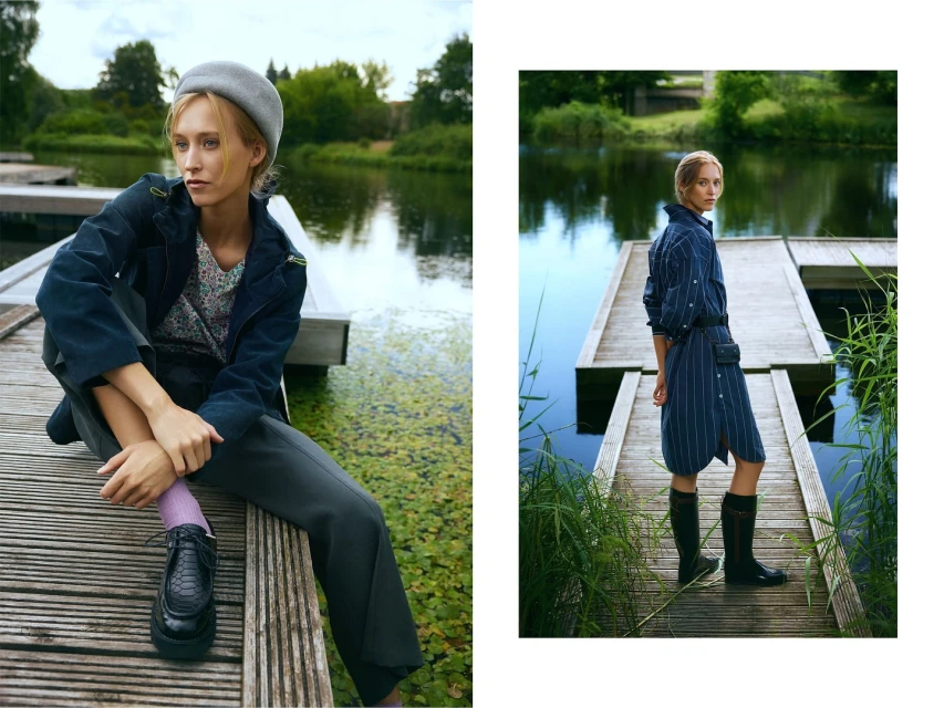 Two fashion shots on a split frame, one featuring a woman sitting on a wooden dock and the other showing her standing.