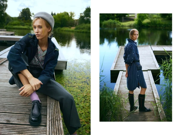 Two fashion shots on a split frame, one featuring a woman sitting on a wooden dock and the other showing her standing.