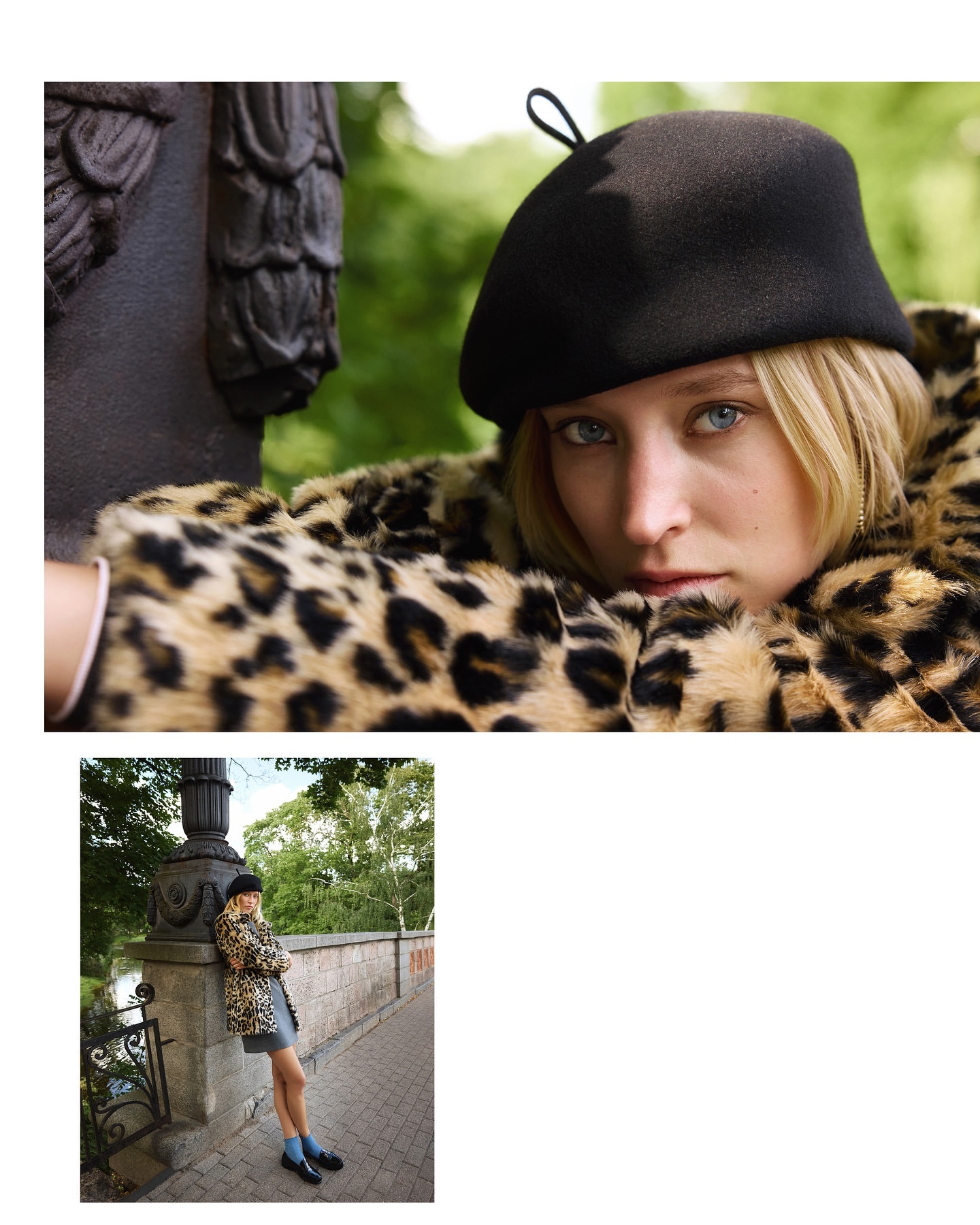 Portrait of a blonde woman wearing a black beret and leopard print coat leaning against a stone pillar in Istanbul by Koray Parlak.