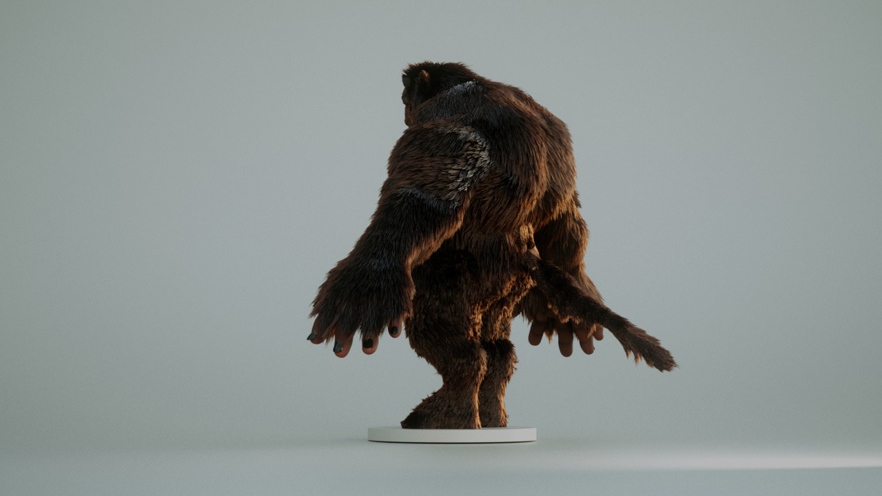 A brown, furry, fantasy creature stands on a platform against a gradient grey background in a digital art presentation.