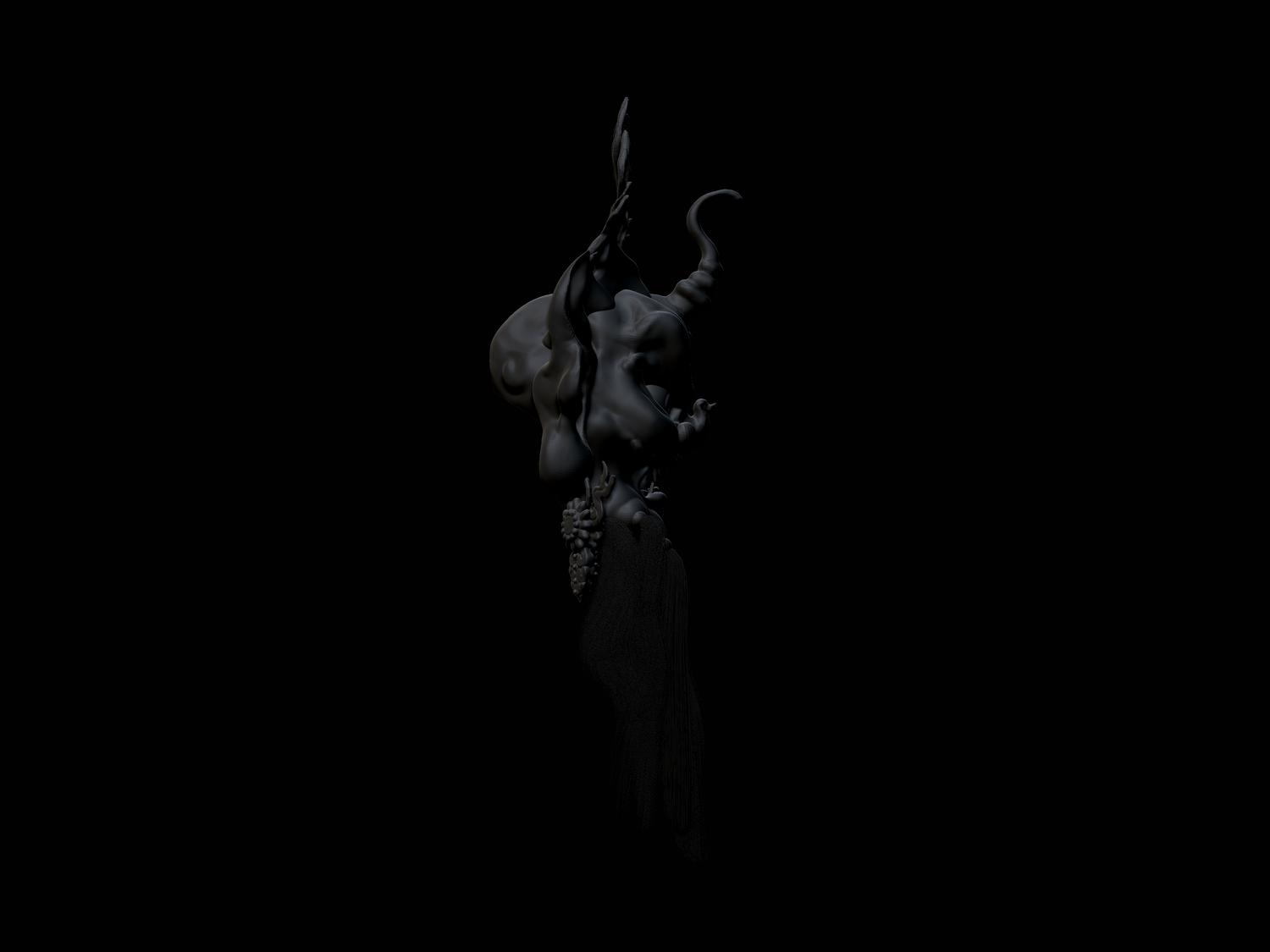Abstract dark grey form with flowing textures and horn-like extension, set against a black background in a CGI or 3D render style.