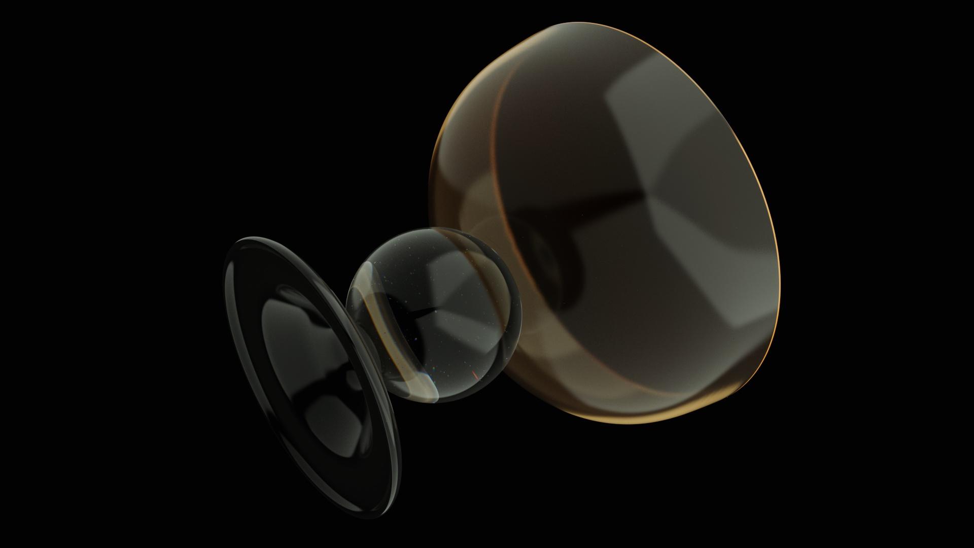 Abstract still life featuring translucent spheres and curved planes in shades of brown and black against a solid black background.