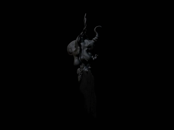 Dark monochromatic 3D rendered surreal creature bust with horns and sculpted organic textures against a black background.
