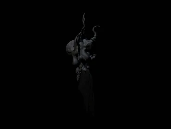 Dark monochromatic 3D rendered surreal creature bust with horns and sculpted organic textures against a black background.