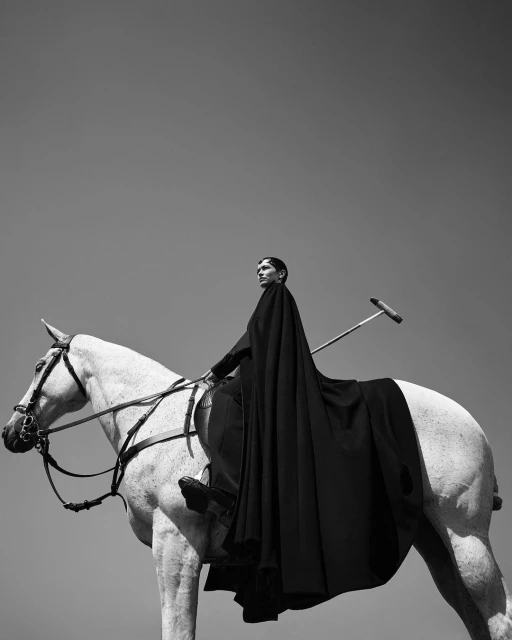 Black and white shot of a woman in dark clothing riding a white horse against a bright sky, creating a striking contrast.