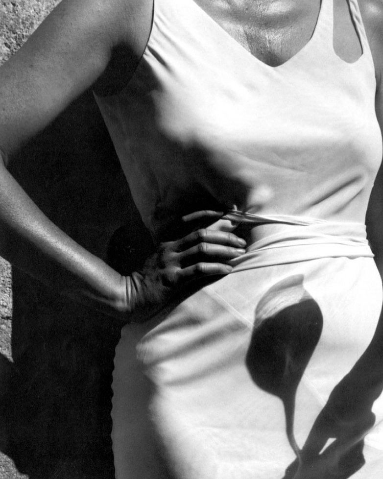 Black and white photo of a slender adult female in a dress, hand on hip, shadowed calla lily shape cast on dress, against a stone wall.