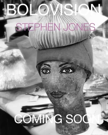 Monochrome studio shot of a painted mannequin head wearing a layered, pleated hat with the text 'Bolovision' and 'Coming Soon'.