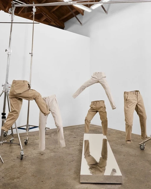 Fashion-forward conceptual image featuring a collection of neutral-toned pants displayed in a photo studio setting, creating a unique visual.
