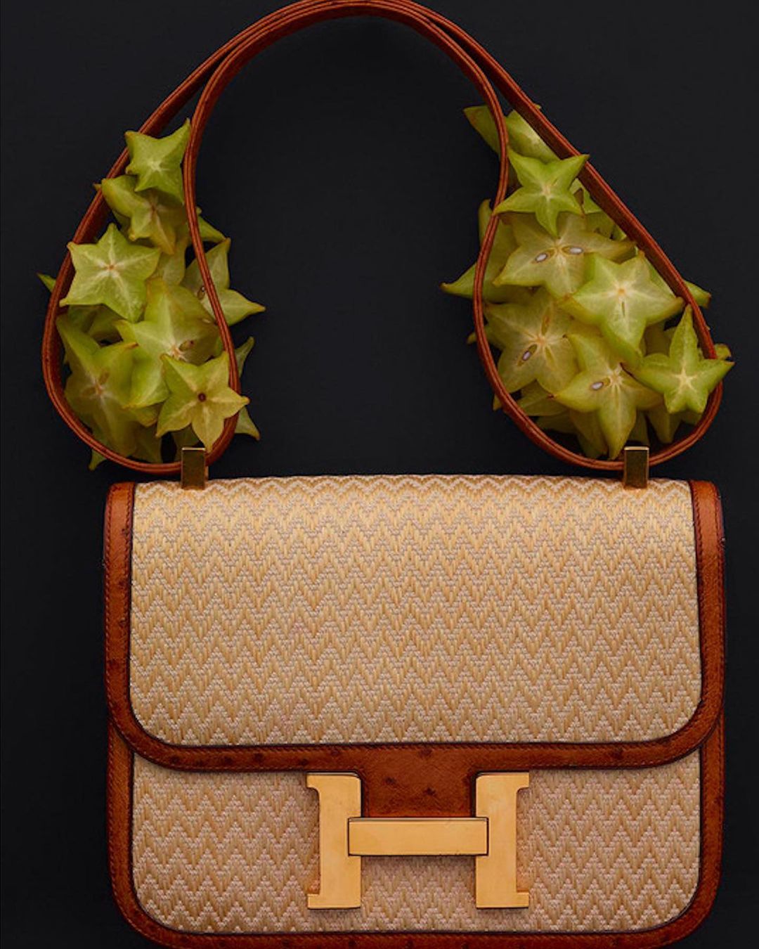 A fashion handbag is decorated with star fruit slices, set against a dark background in a studio shot. The purse has gold accents.