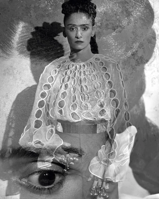 Monochromatic portrait of an adult woman with braided hair, wearing an ornate white blouse, contrasted with an oversized eye and shadow.