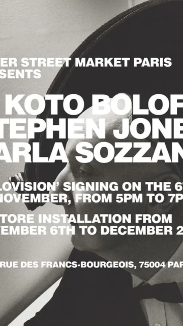 Event poster featuring Koto Bolofo, Stephen Jones, and Carla Sozzani. Text details a signing and installation at ER Street Market Paris.