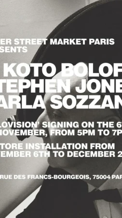 Event poster featuring Koto Bolofo, Stephen Jones, and Carla Sozzani. Text details a signing and installation at ER Street Market Paris.