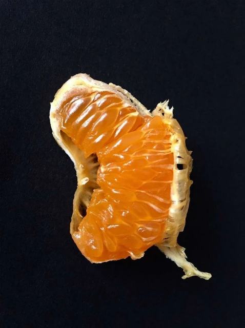 Close-up of a bright orange mandarin orange segment with its white pith partially peeled, set against a solid black background.