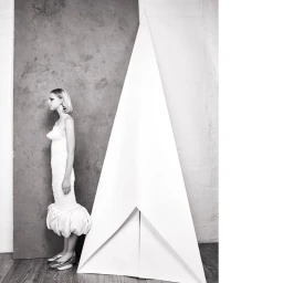 Model wearing a white structured dress standing beside a tall white triangular paper sculpture in a studio