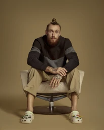 Man with a top knot and red beard seated in a white armchair wearing a black hoodie and beige trousers against a neutral background.