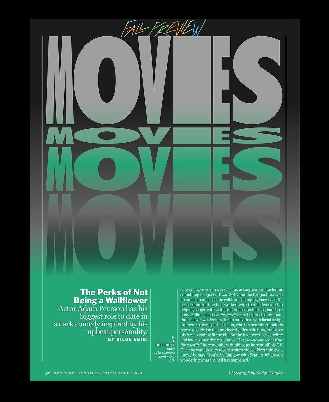 Magazine cover featuring layered text 'MOVIES' in gray and green, promotes 'Fall Preview' and highlights actor Adam Pearson.