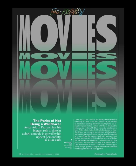 Magazine cover featuring layered text 'MOVIES' in gray and green, promotes 'Fall Preview' and highlights actor Adam Pearson.