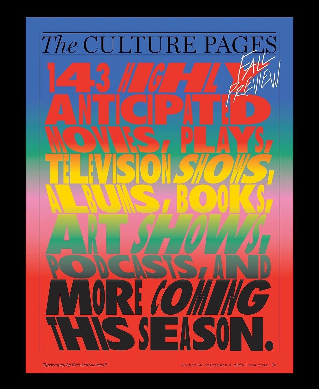 Magazine cover with a colorful design and bold typography announces upcoming movies, plays, television shows, and art shows for the fall season.