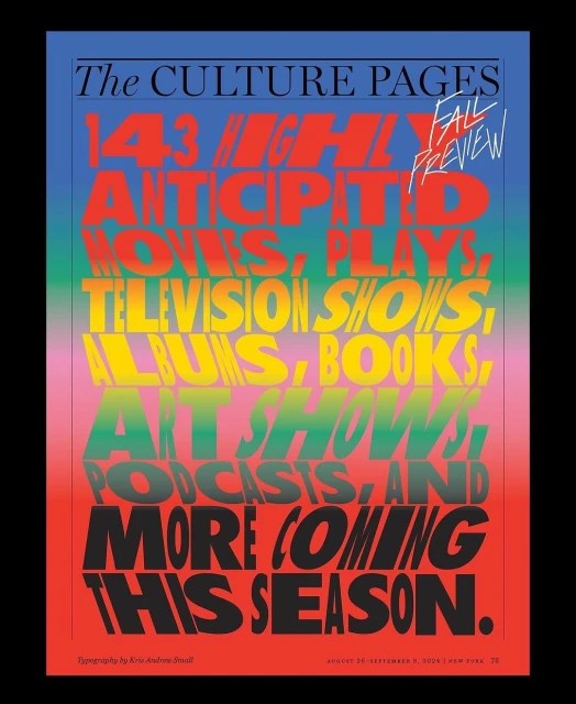 Magazine cover with a colorful design and bold typography announces upcoming movies, plays, television shows, and art shows for the fall season.