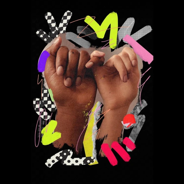 Collage of two hands interlocked in a pinky promise, overlaid with colorful abstract geometric shapes, against a stark black background.