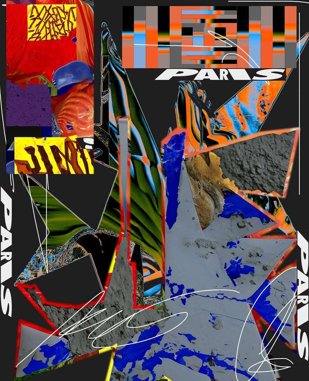 Abstract art featuring the text "Paris" in a dark grey background with overlapping geometric shapes, and colorful patterns.