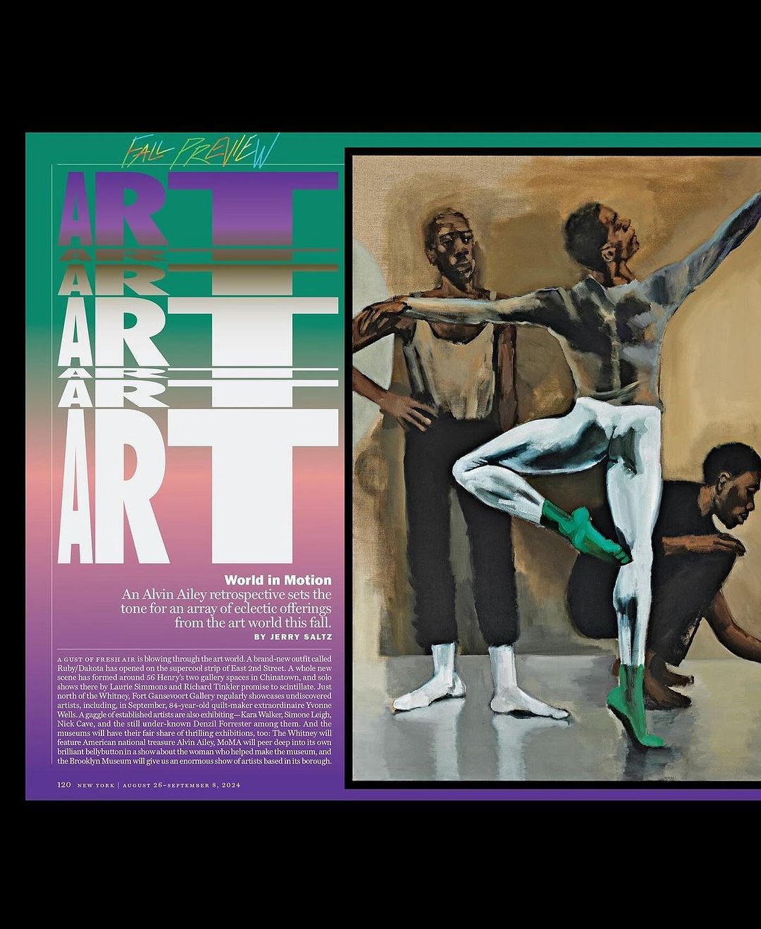 Magazine cover features dancers in motion, highlighting an Alvin Ailey retrospective with an array of eclectic art offerings this fall.